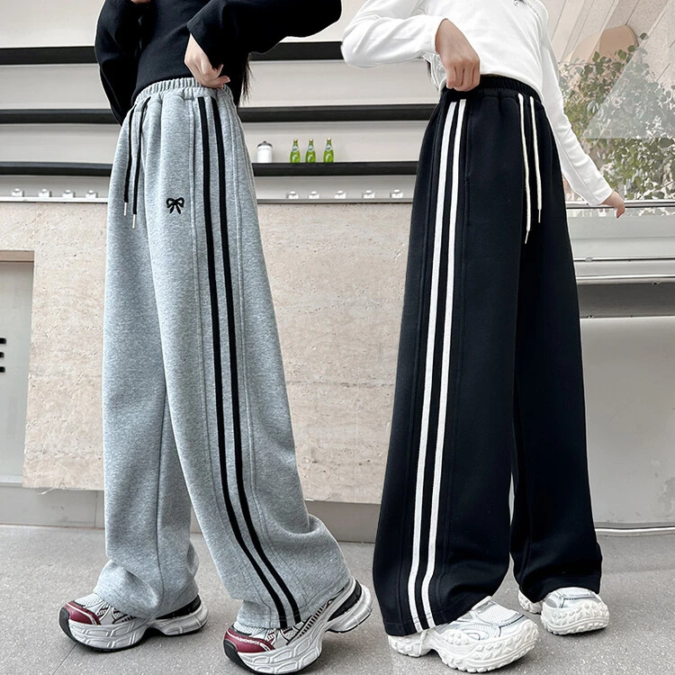 裤子休闲秋季女童中大童春秋直筒条纹宽松阔腿裤运动韩版加绒卫裤