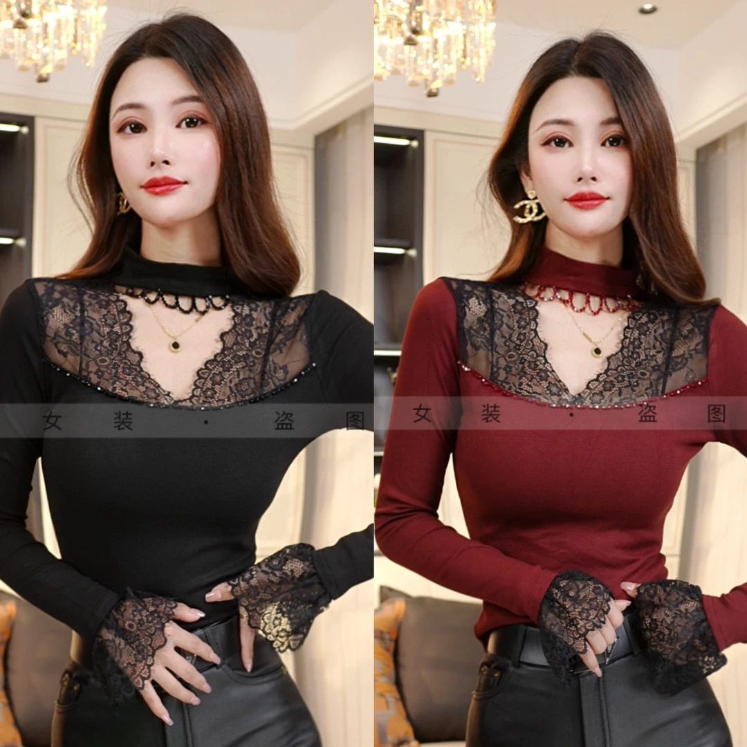 【美丽推荐】2024蕾丝拼接高级琉璃珠法式气质小衫V领磨毛打底衫