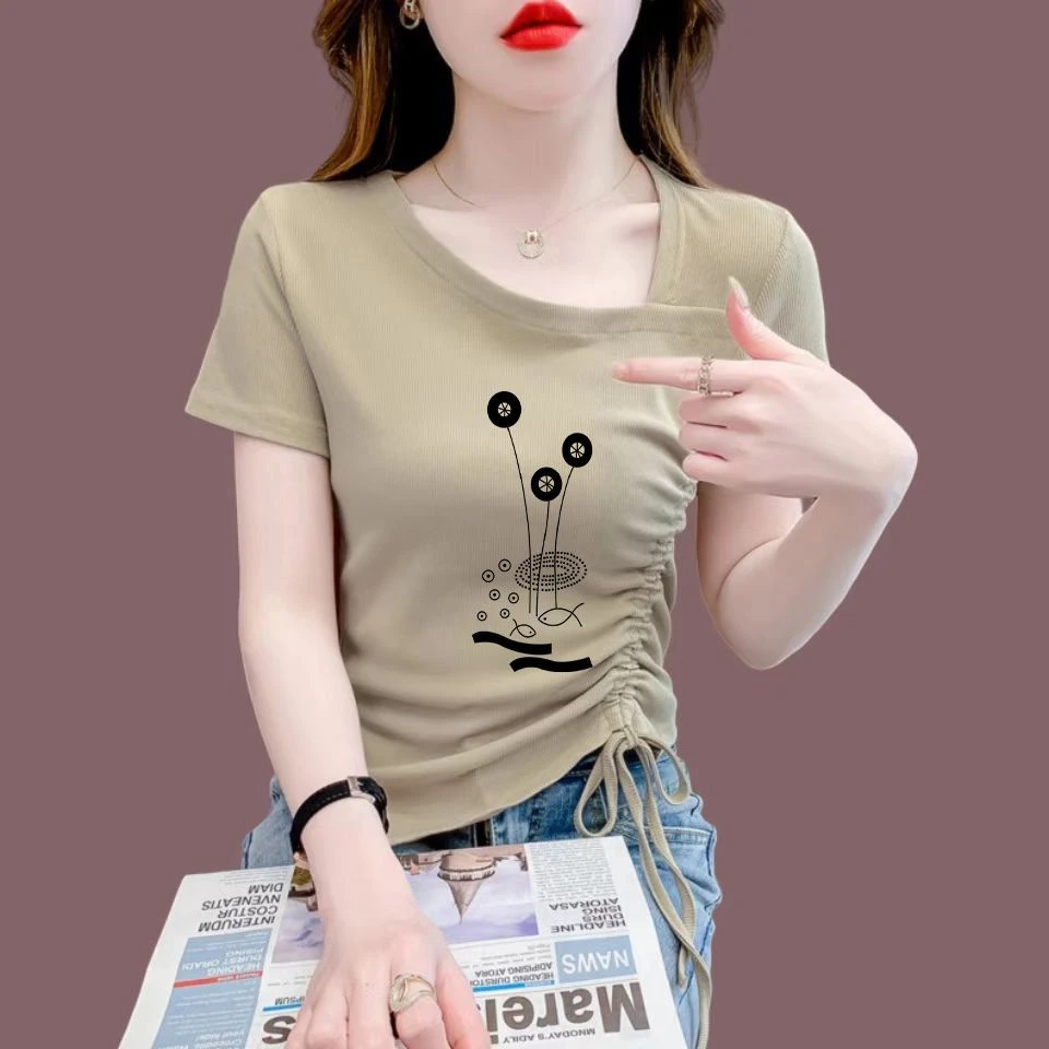 不规则短款百搭正肩短袖t恤设计感修身小众独特别致斜领上衣女夏