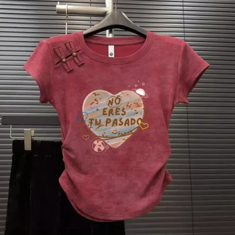 辣妹风爱心字母印花短袖T恤女2024夏季新款美式修身短款宽松上衣