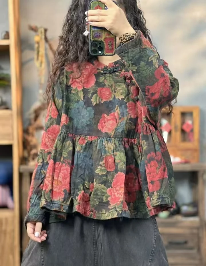 6809 秋季新品花色复古新中式国风女娃娃装上衣    胸围126长58