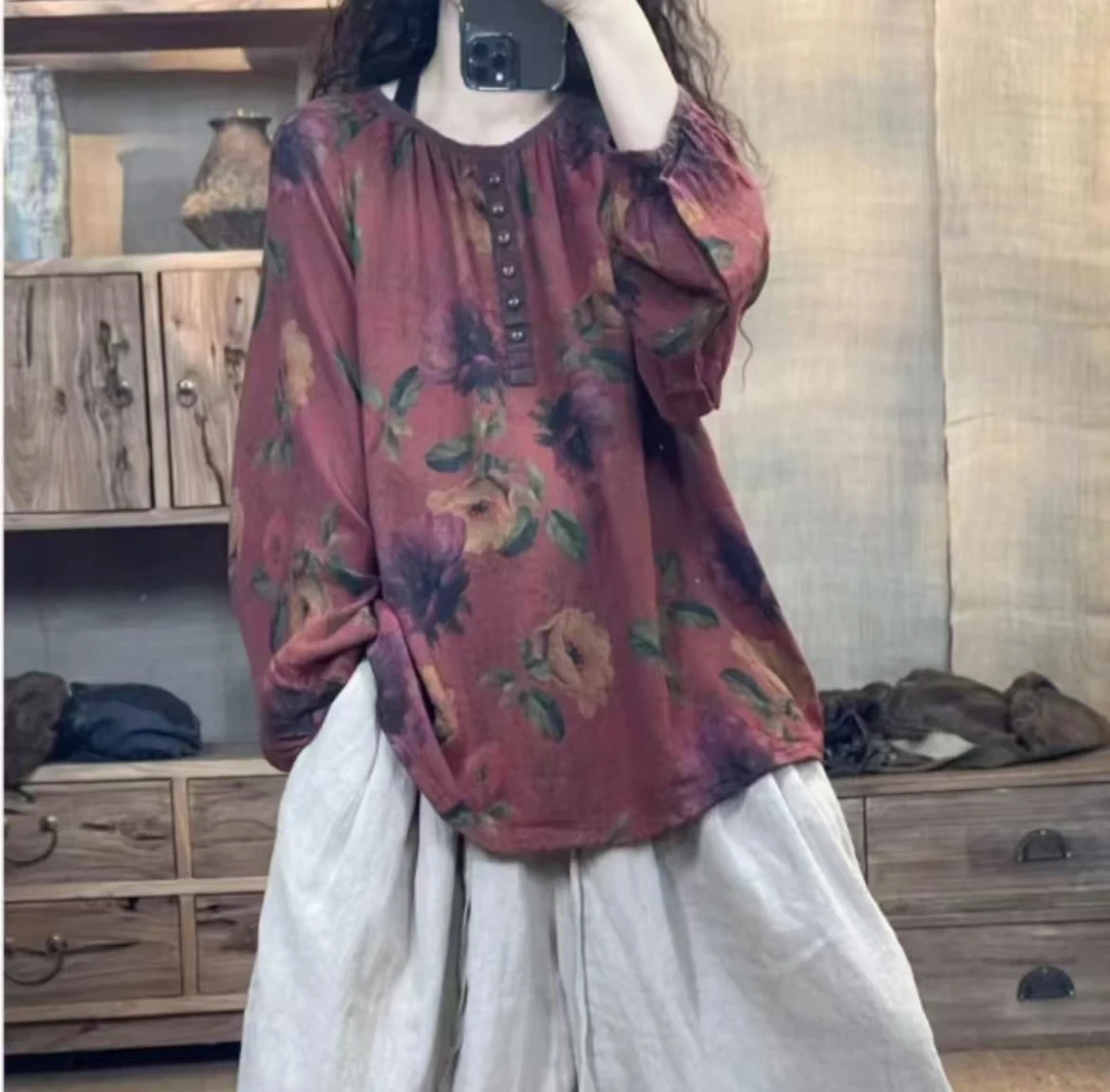 秋季棉纱料炒色做旧印花休闲女装上衣(长68胸围120)