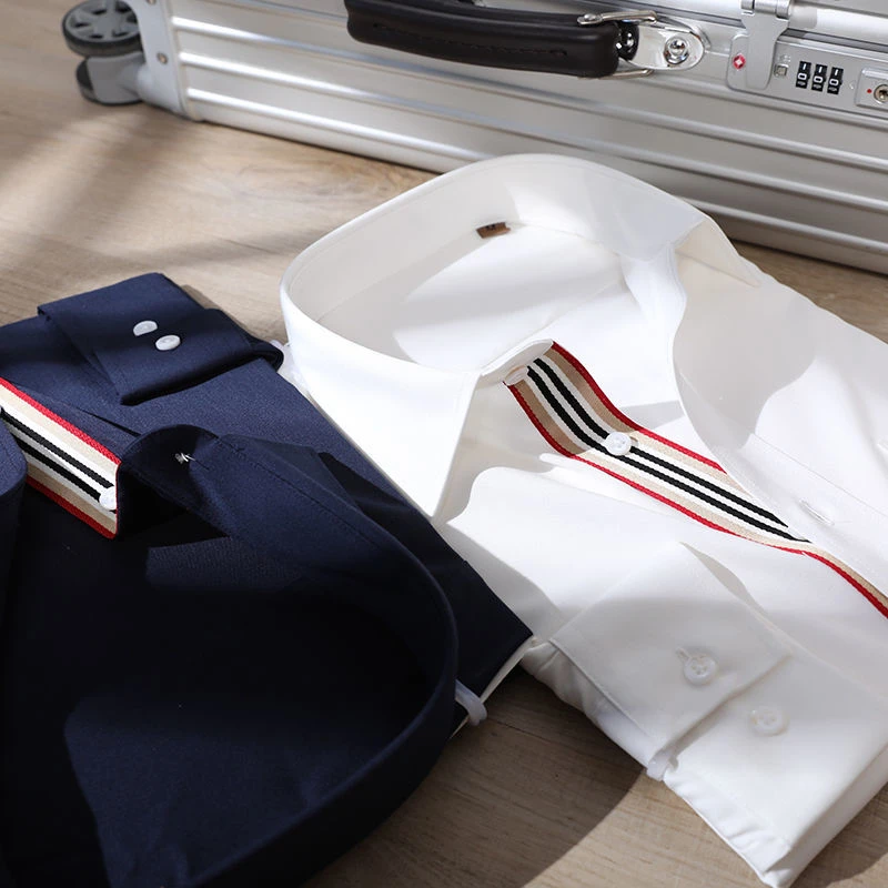 高奢140支双股面料撞色男士高端抗皱休闲简约纯色商务长袖衬衫