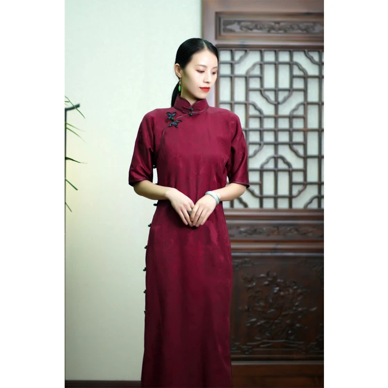 莉岚 | 徽韵阁高定桑蚕丝斜襟盘扣中式旗袍