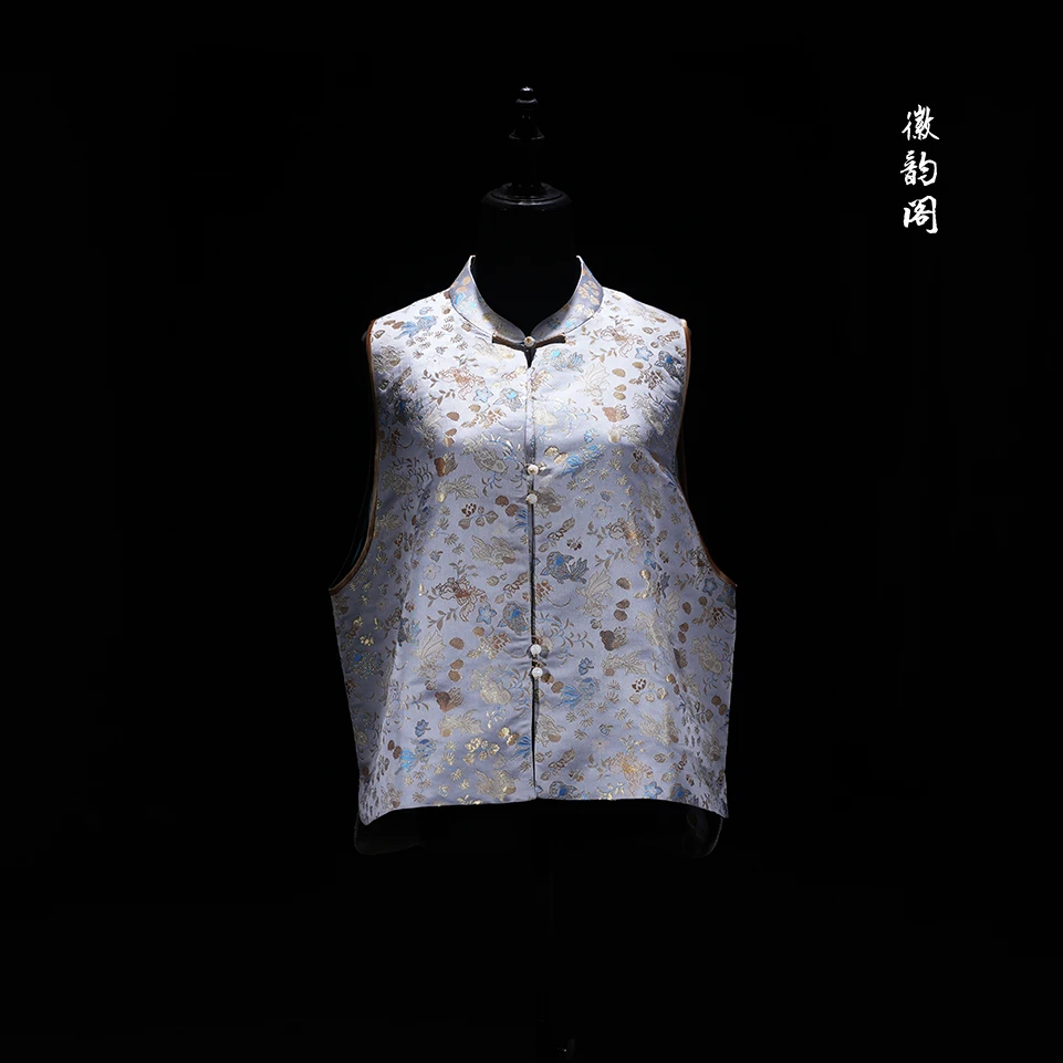 栀清 | 徽韵阁高定金鱼海藻纹织金宋锦中式盘扣马甲