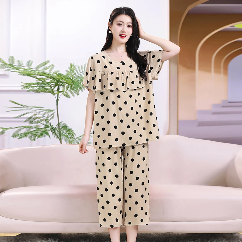 防凸点睡衣女款夏季宽松大码短袖长裤家居服休闲妈妈夏装棉绸套装