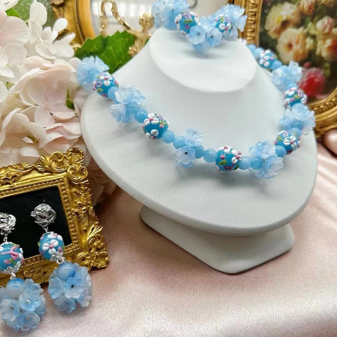 铜项链 威尼斯琉璃项链【蓝色繁花】百搭