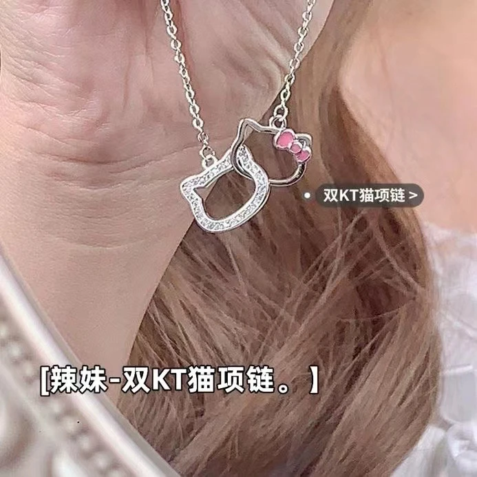 不锈钢项链 双KT猫项链环环相扣可爱少女卡通闪亮甜美锁骨链ins