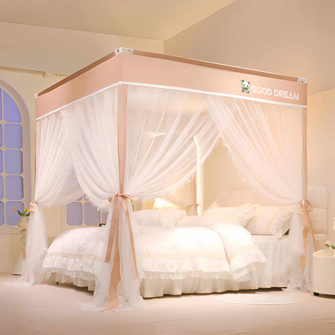 三开门落地宫廷蚊帐家用卧室一体式加粗公主风防尘顶加厚防蚊床幔