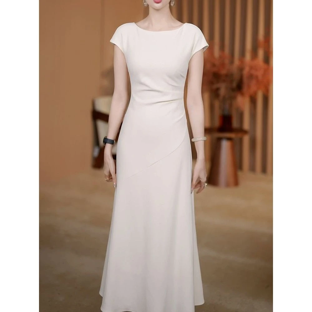 时尚高档名媛风超仙纯色连衣裙2025夏季新款气质优雅显瘦短袖长裙