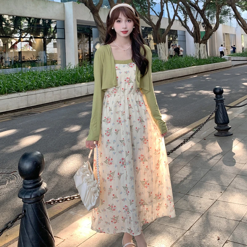 【真两件套】碎花吊带连衣裙女2024夏季新款韩版小众开衫两件套潮