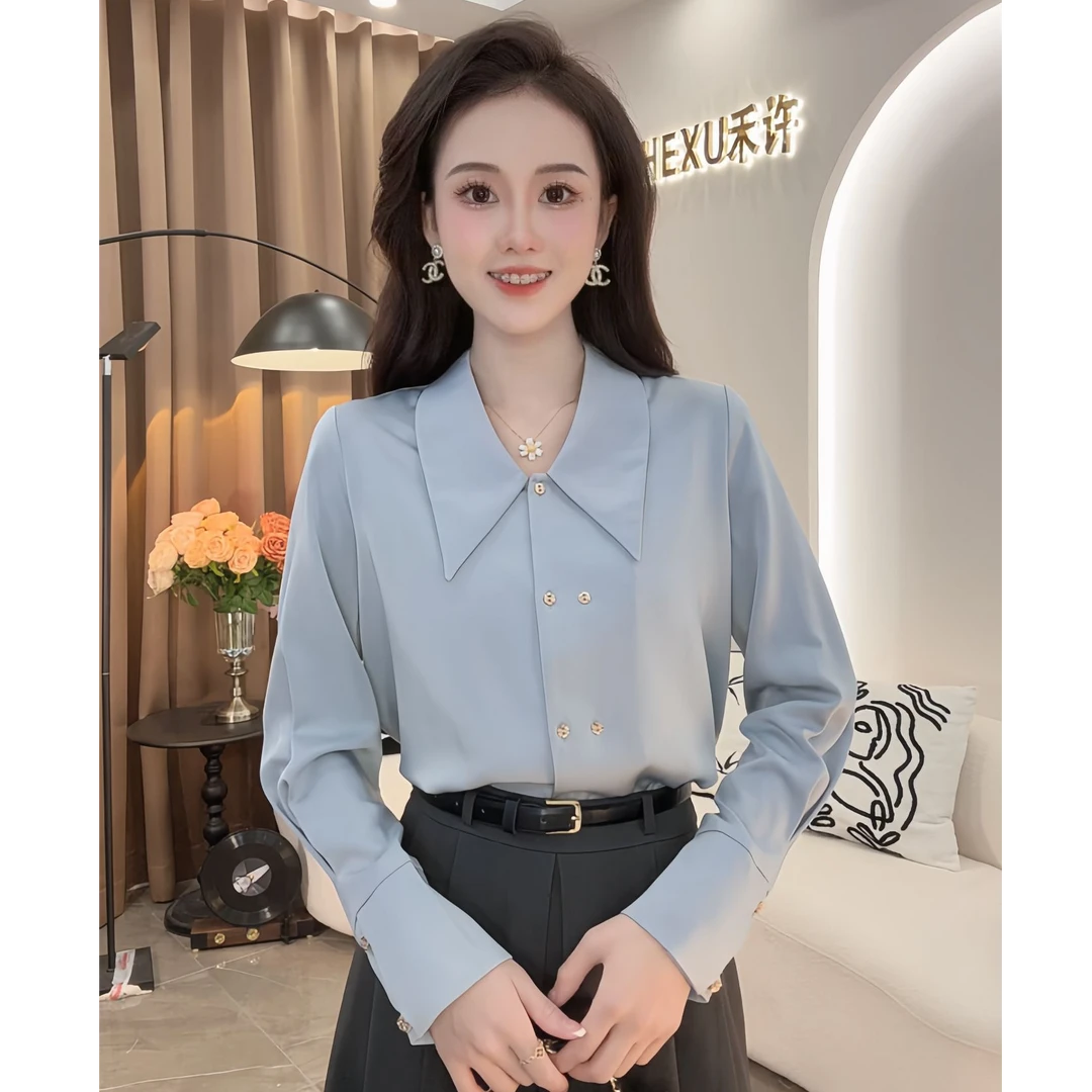 法式轻熟风翻领长袖衬衫女2024夏季新款设计感显瘦百搭上衣