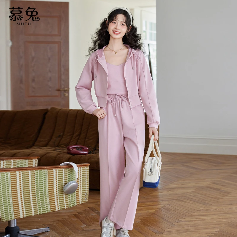 慕兔连帽卫衣吊带背心阔腿裤三件套女2024秋季新款休闲运动风套装