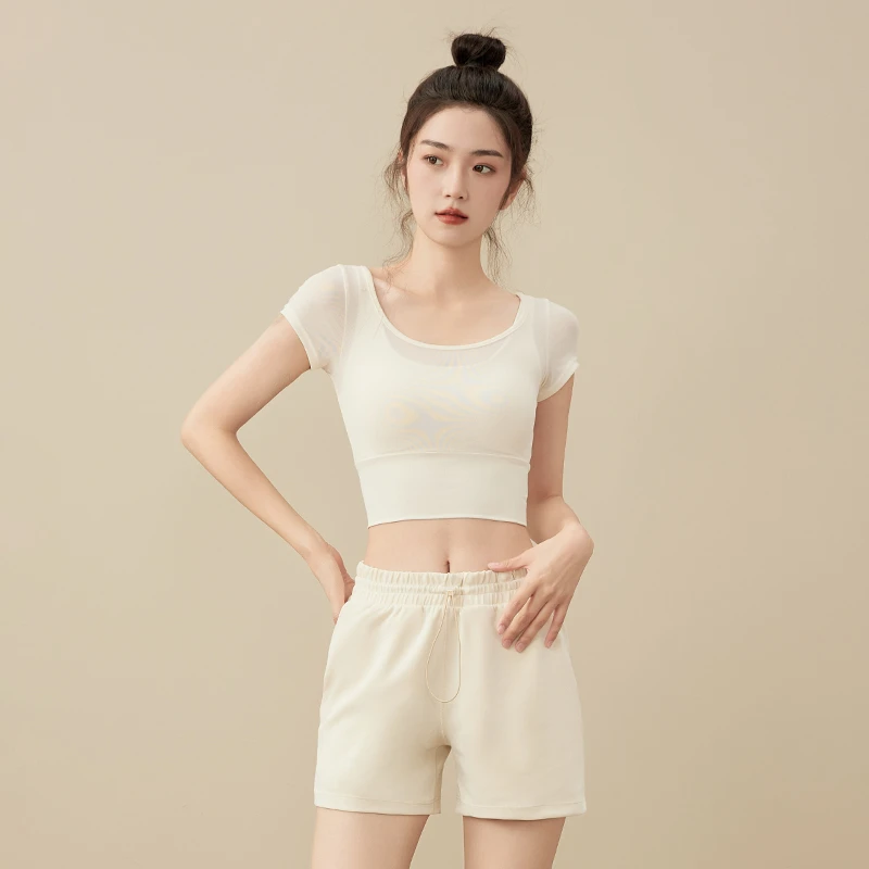 带胸垫瑜伽服女普拉提训练健身服上衣高级感运动短袖t恤高能感