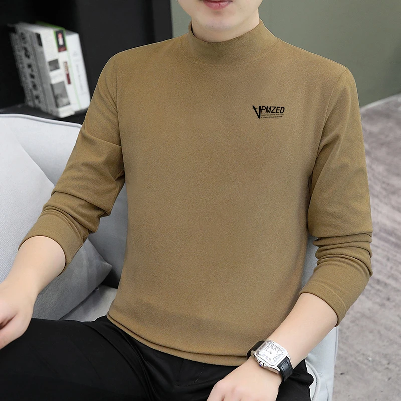 德绒保暖中领内衣男士秋冬新款潮流长袖t恤双面磨毛半高领打底衫