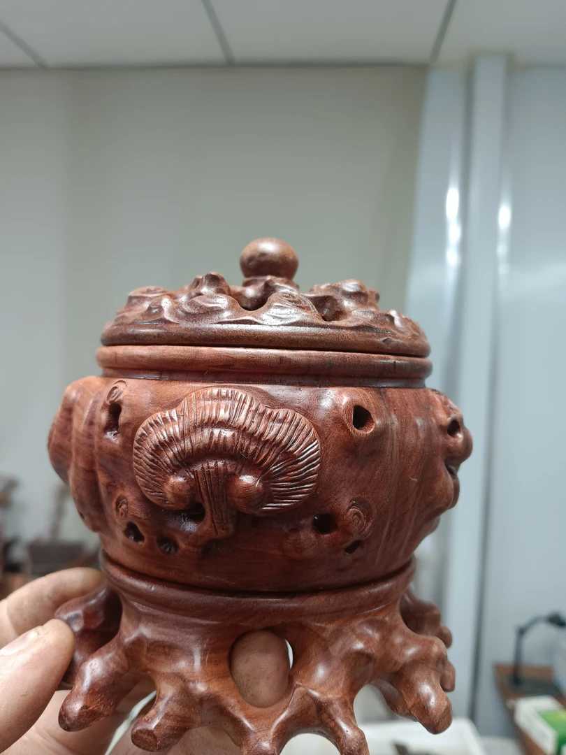 缅甸花梨木香薰炉手工雕刻灵芝款88
