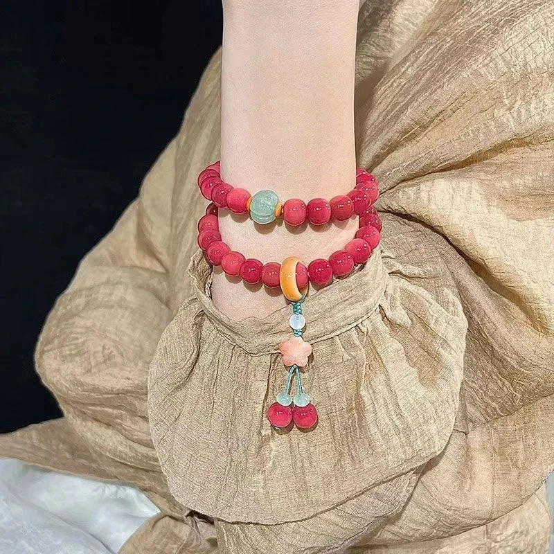 春野玫瑰菩提双圈手串文艺风百搭女红菩提根手持佛珠念珠文玩珠串