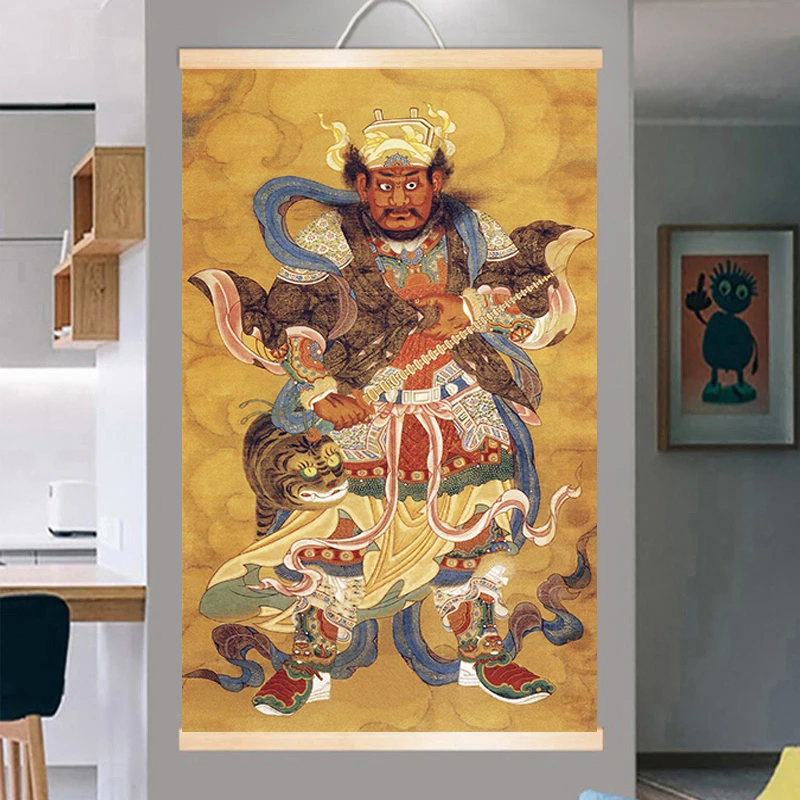 道家赵公明画像书房玄关挂画客厅装饰画走廊沙发背景实木轴挂画