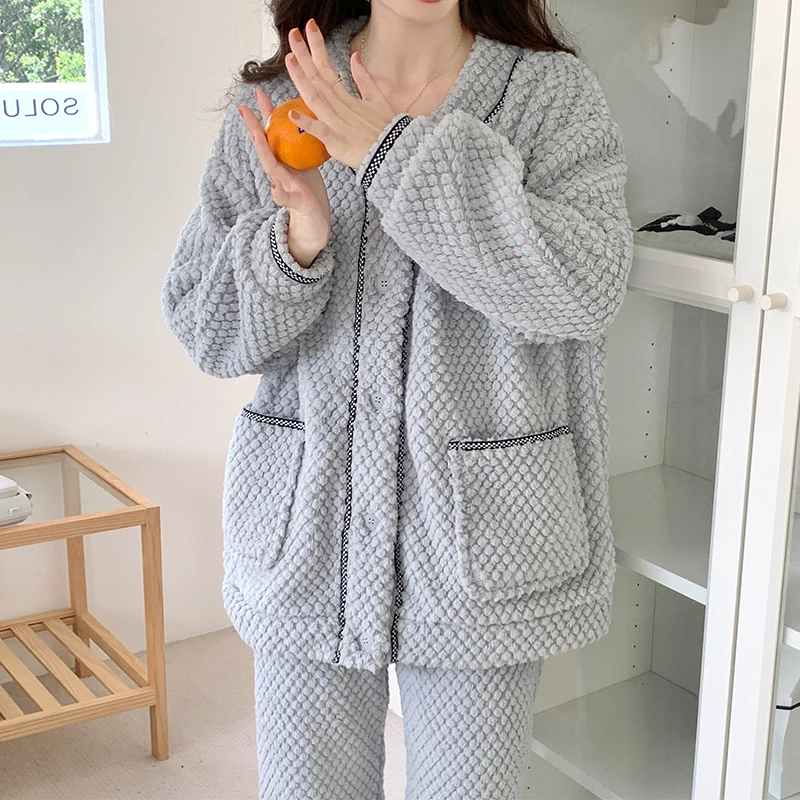 睡衣女秋冬2023年新款珊瑚绒保暖套装高级感加厚加绒法兰绒家居服