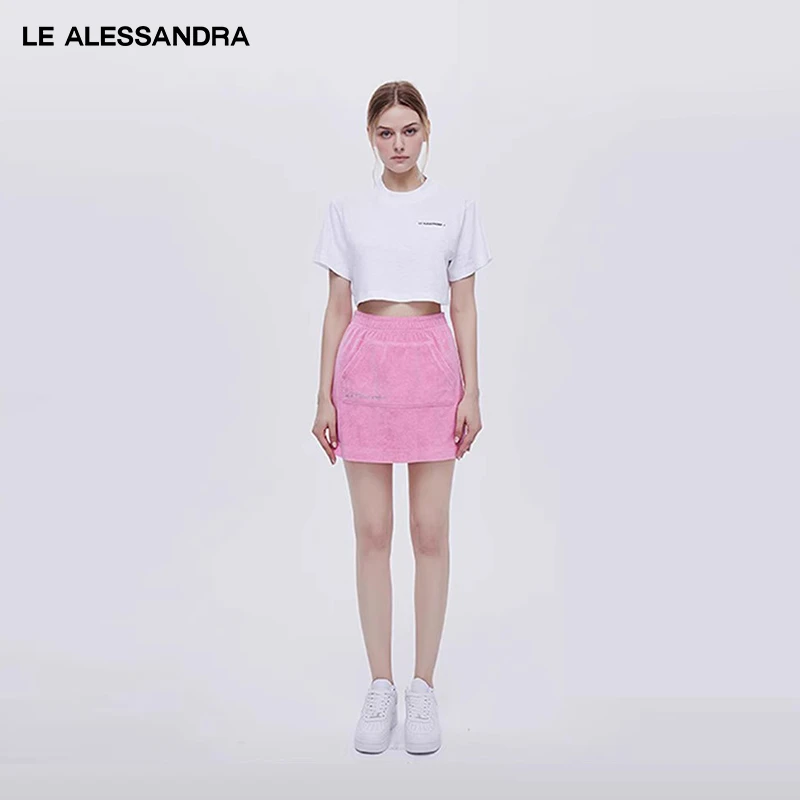 品牌直营 LE ALESSANDRA 竹节棉字母圆领短袖T恤女纯棉短款上衣