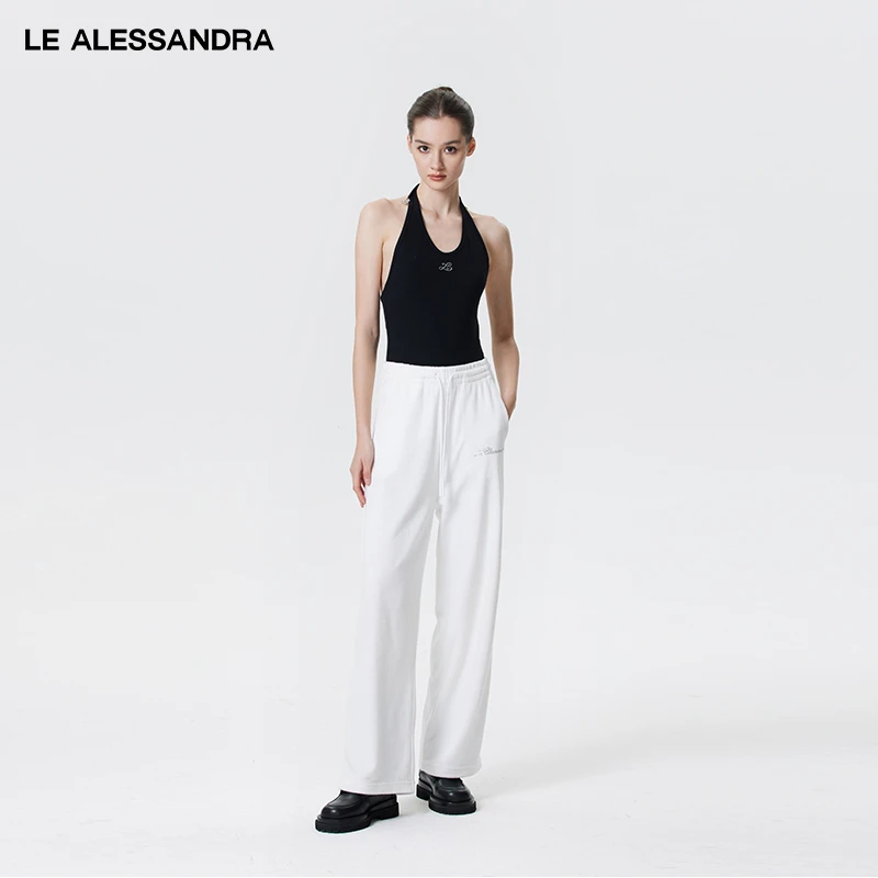 品牌直营 LE ALESSANDRA 黑色钻饰挂脖螺纹露背性感夏季吊带背心