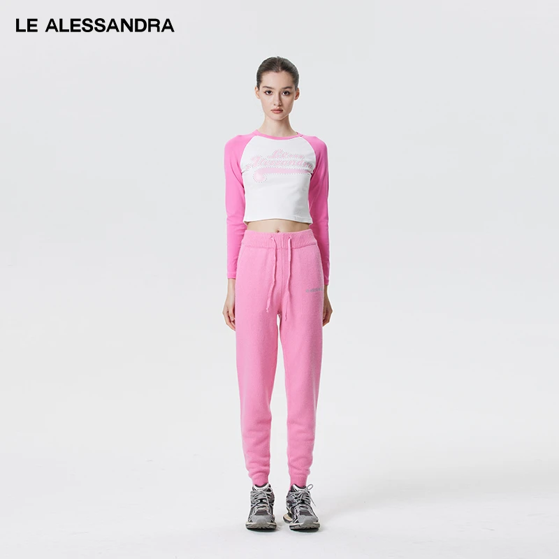 品牌直营 LE ALESSANDRA 拼色插肩袖印花烫钻短款修身长袖T恤女