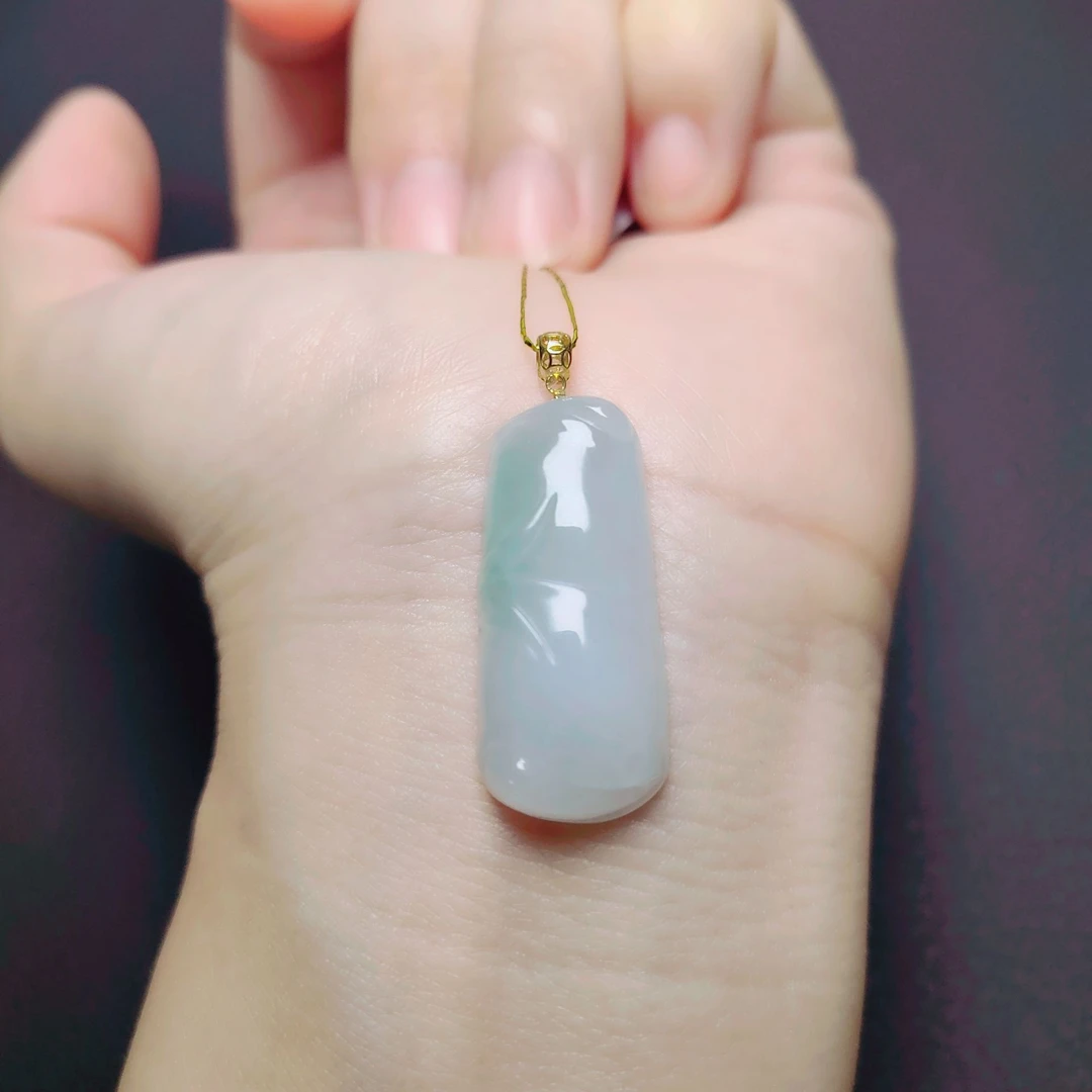 F003天然缅甸A货翡翠竹节 节节高升糯冰18K金镶嵌吊坠29.6*13*5.8