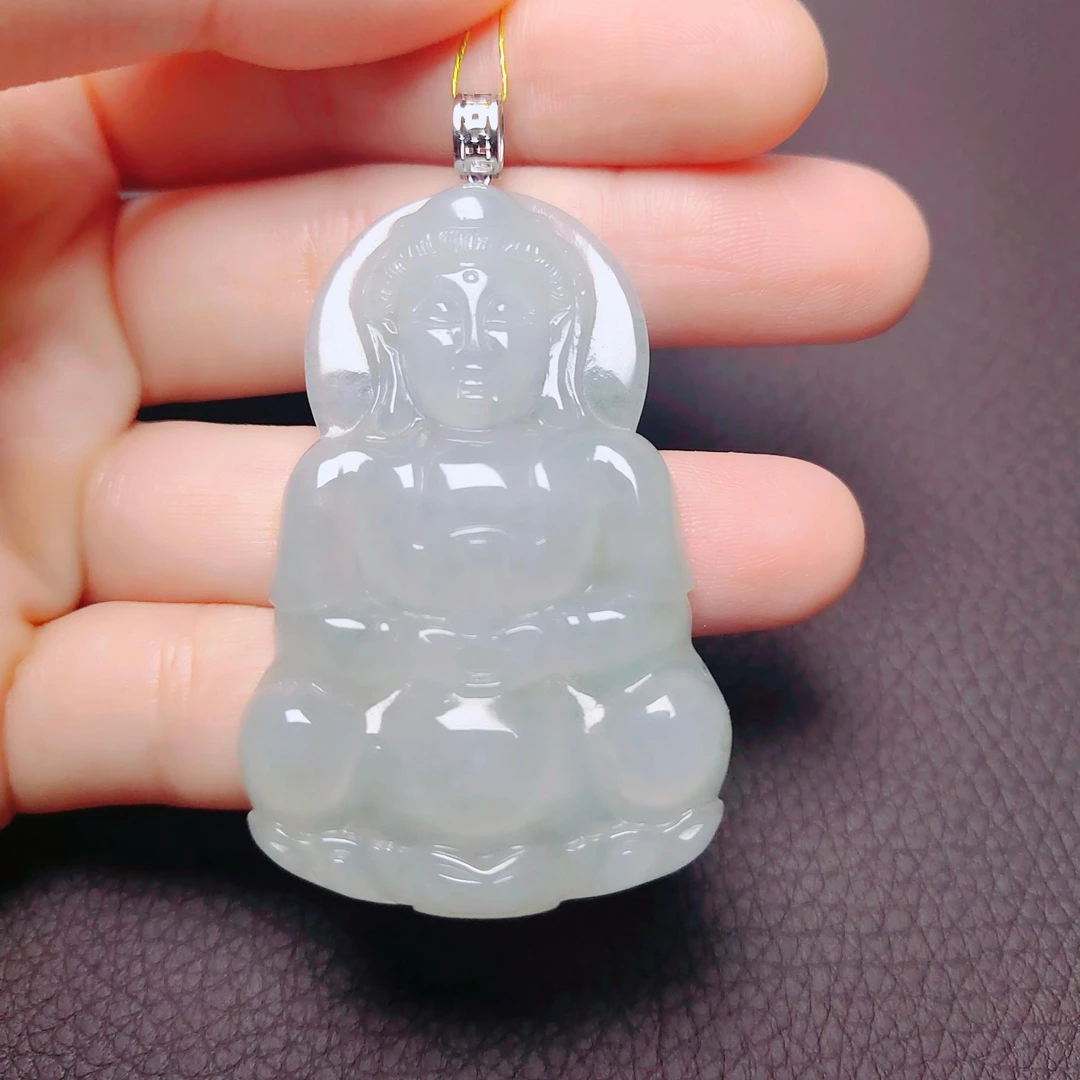 F043天然缅甸A货翡翠冰种起胶观音吊坠扣头18K金镶嵌53*35.6*5.6