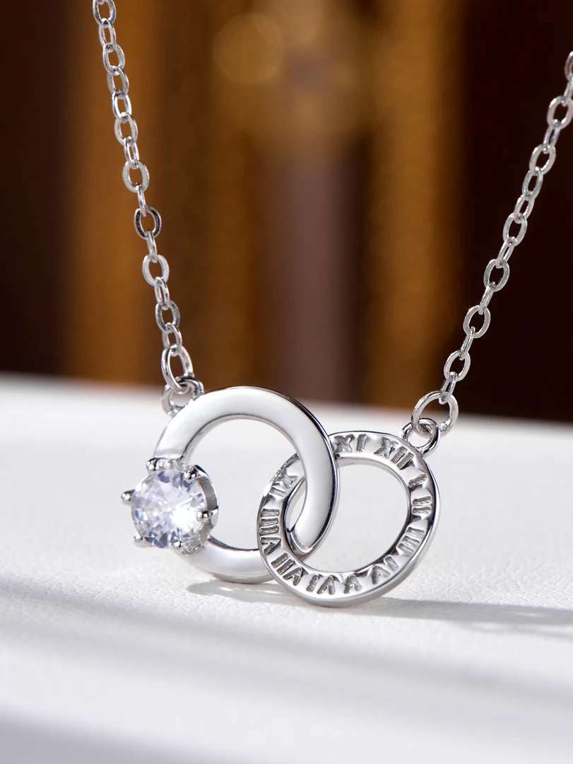 坠链均925银合成锆石 镀18K白项链女 环环相扣新款锁骨链时尚饰品