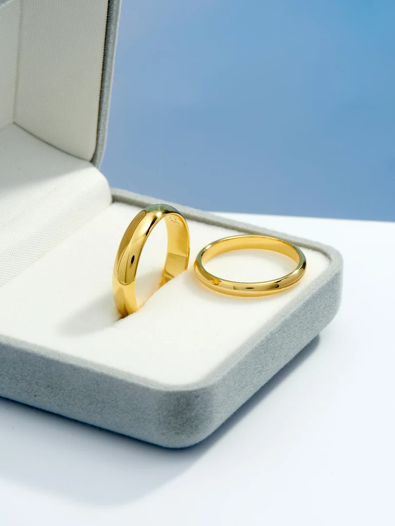 925银戒指 轻奢经典素圈对戒 金色情侣戒指闭口