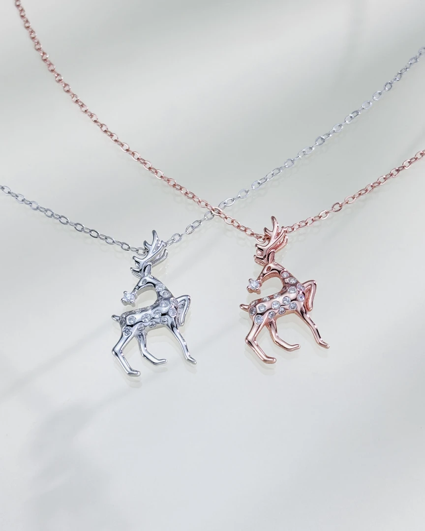坠链均925银合成锆石 灵动可爱梅花鹿项链 镀18K金坠链圣诞节礼物