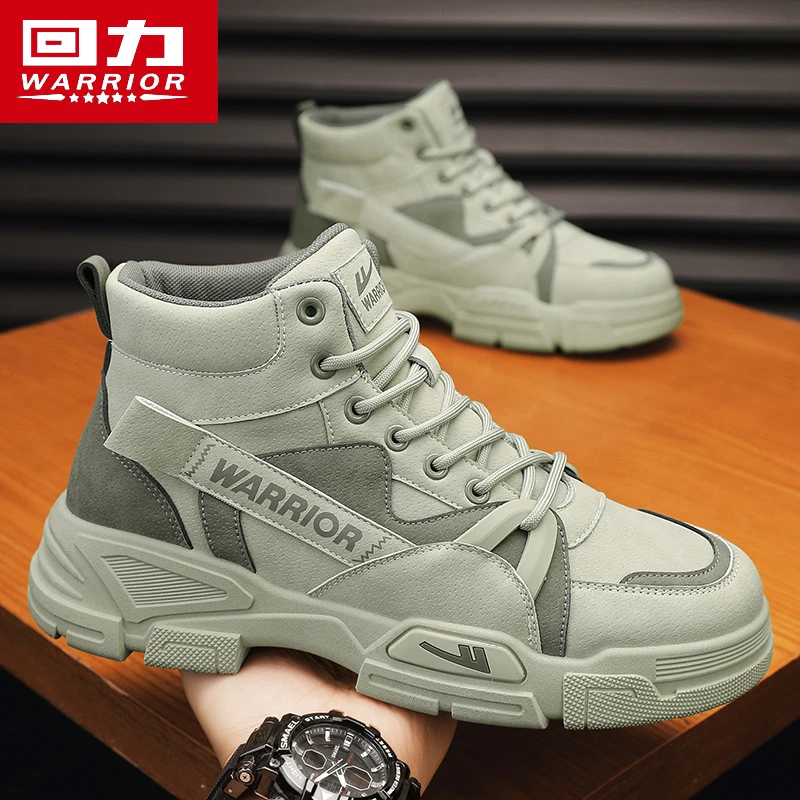回力马丁靴男款春季2025新款休闲运动防滑皮面高帮绿色厚底工装鞋