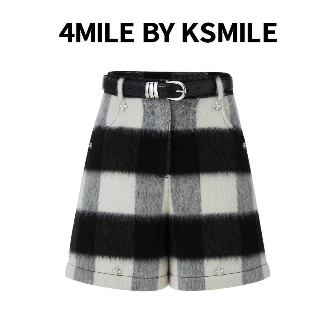 4MILE BY KSMILE黑白格纹绵羊毛西装短裤高腰闪钻花朵秋冬外穿