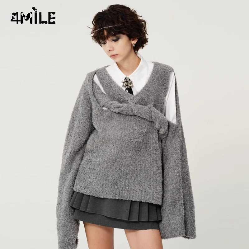 4MILE秋冬高级感灰色解构主义套头毛衫原创V领喇叭袖针织衫