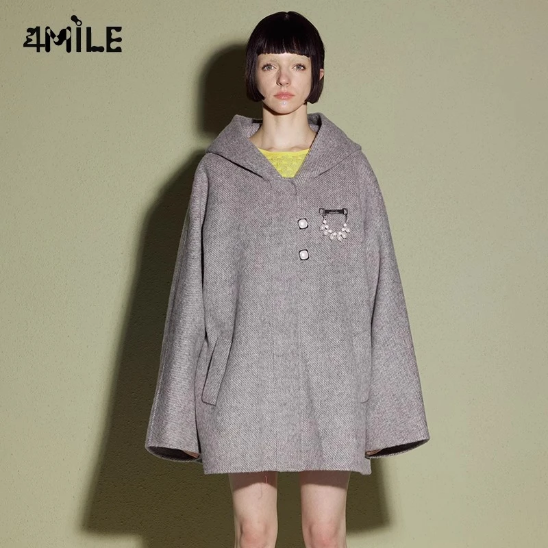 4MILE“胶囊系列”连帽羊驼毛短大衣珠珠链斗篷式宽松外套冬季呢子