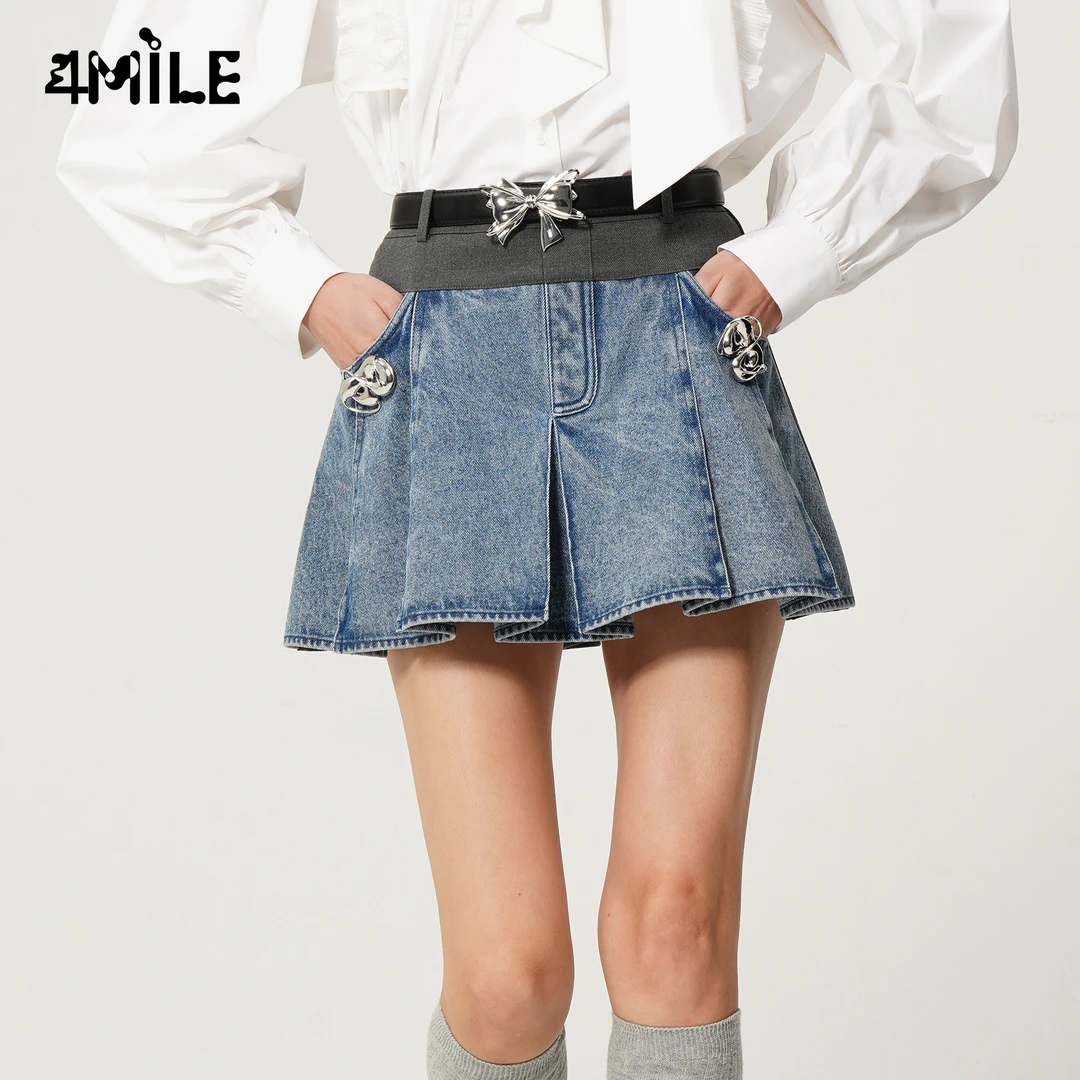 4MILE春夏设计感西装腰头拼蓝色牛仔百褶裤裙学院风显瘦半身裙