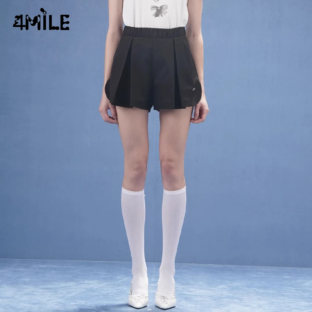 4MILE春夏新款休闲松紧腰百褶短裤宽松男友风显瘦时尚A字裤裙