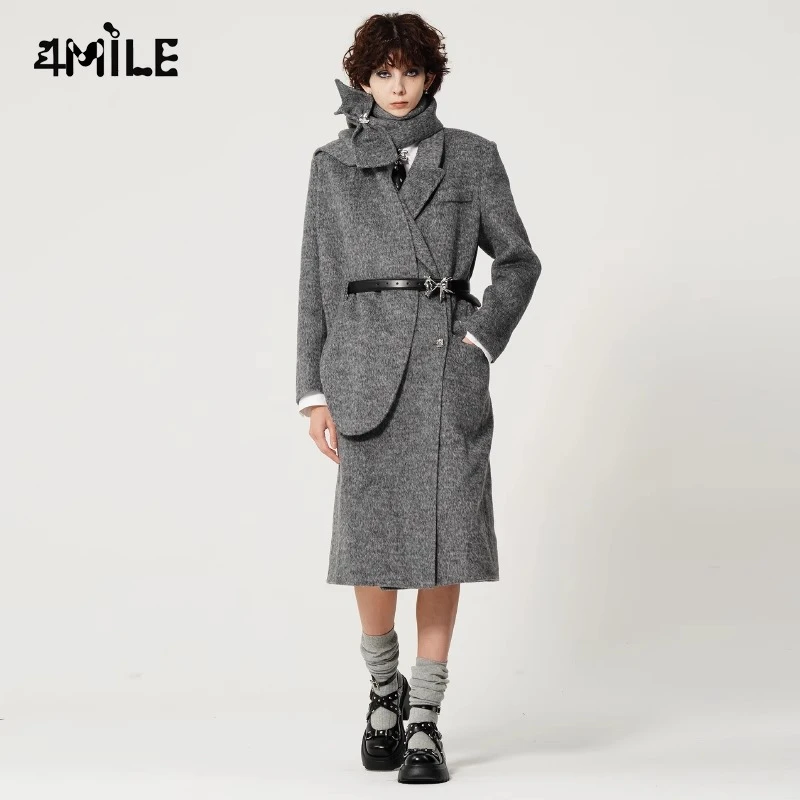 4MILE优雅长围巾羊毛大衣秋冬中长款高级感腰带设计呢子外套