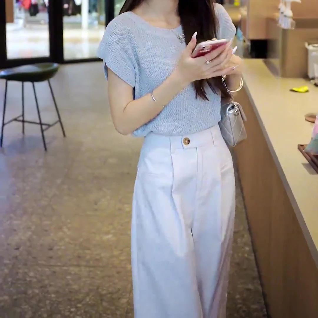 2025新款夏季时尚套装镂空露背设计感针织上衣直筒休闲长裤两件套