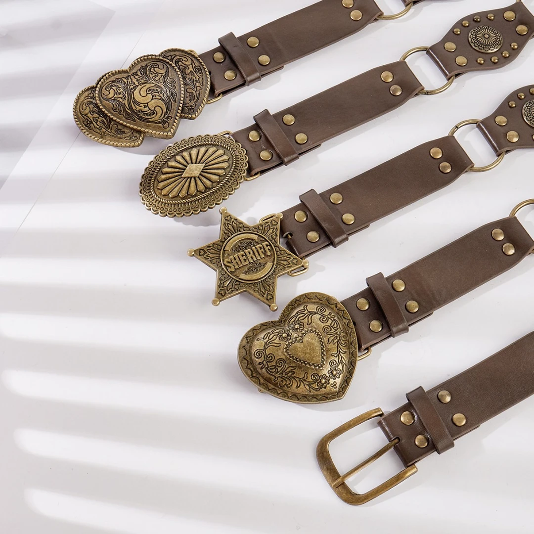 欧美复古街头时尚镂空圆环PU皮革拼接特色收腰皮带百搭钉珠女腰带