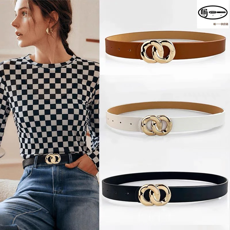 冬款港风时尚链条扣女腰带按扣装饰牛仔裤连衣裙女士纯色简约皮带