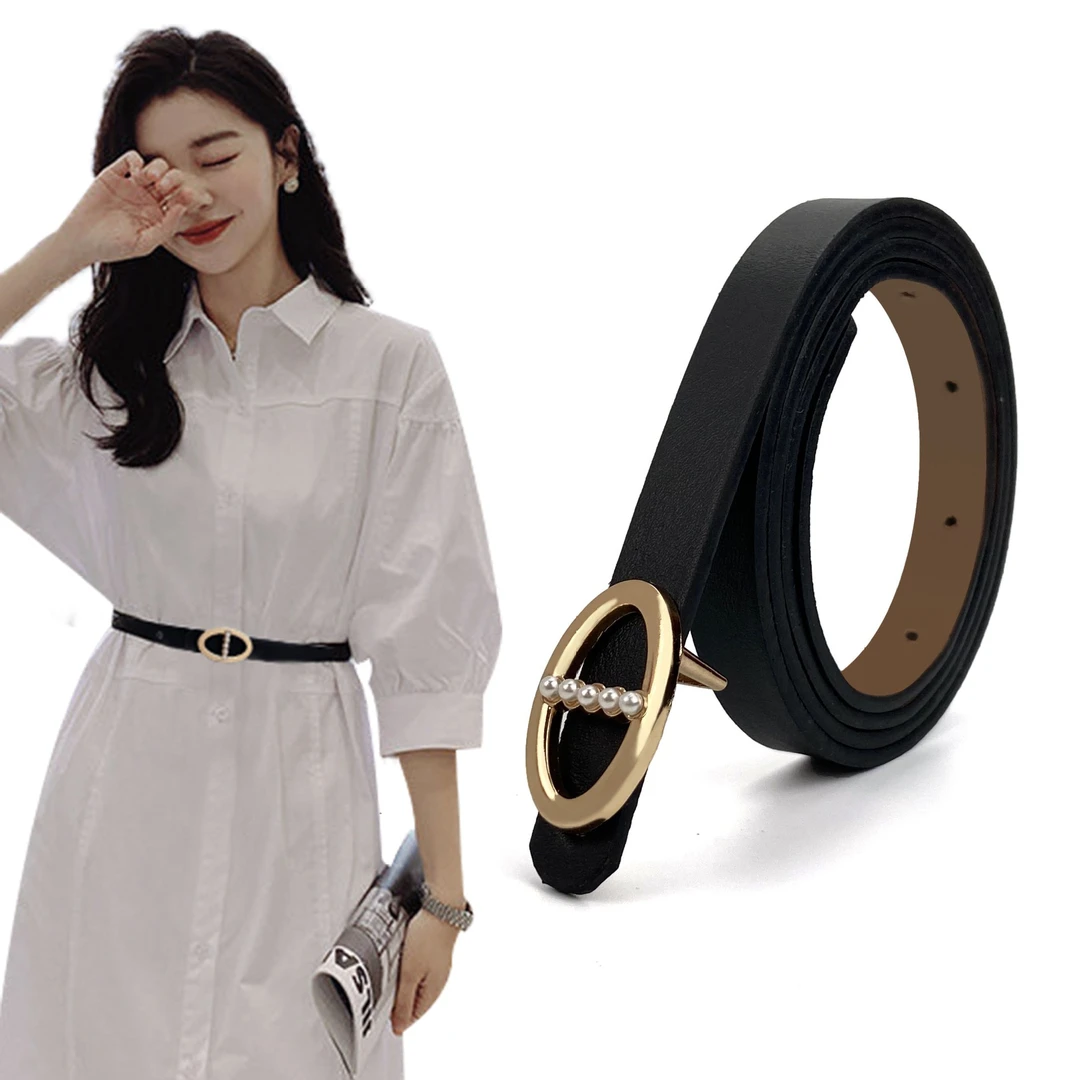 新款女士珍珠细腰带PU皮革细皮带女百搭裙子韩版腰封衣服装饰腰带
