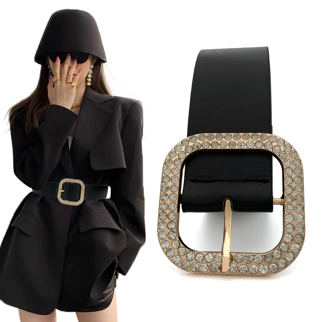 2024新款水钻镶嵌PU皮带女士时尚个性镶钻宽腰带女带钻宽腰封
