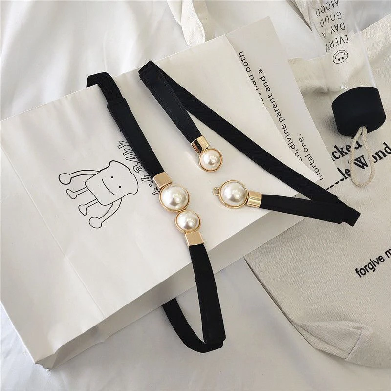 黑色珍珠对扣腰带女大衣百搭装饰连衣裙衬衫松紧弹力细腰封百搭