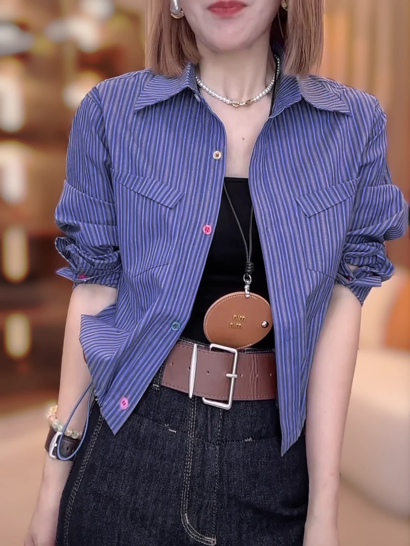 新款设计感搭配上衣衬衫长袖女显瘦气质蓝色时尚休闲小众条纹968
