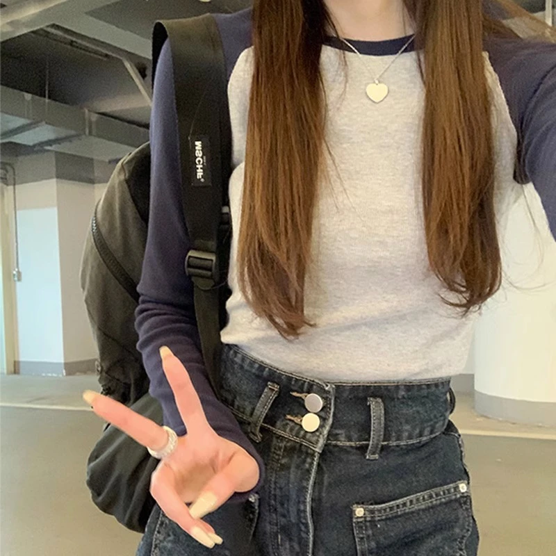 美式复古正肩长袖T恤女秋季新款内搭修身显瘦撞色插肩袖百搭上衣