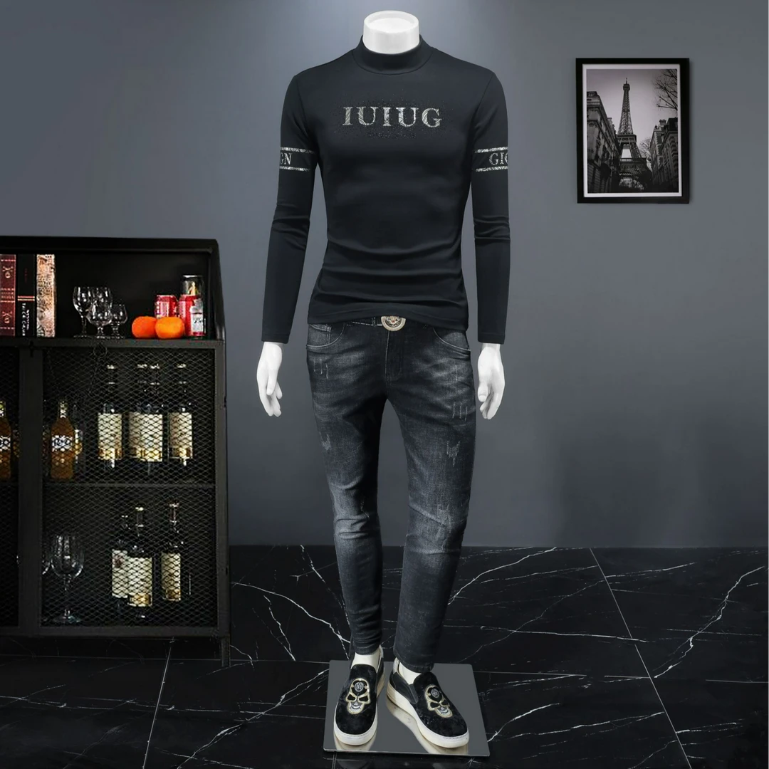 男士秋季新款时尚潮流休闲百搭修身个性上衣长袖打底衫-87880