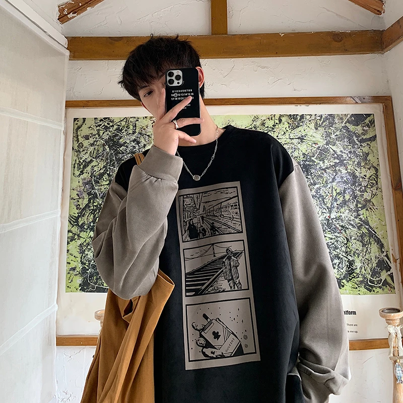 @ins设计感简画圆领卫衣男秋冬季新款撞色拼接长袖套头T恤上衣