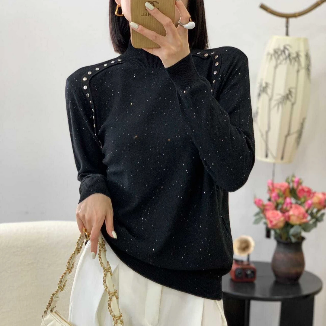 边芙卡复古纯色铆钉高级感半高领针织衫内搭宽松显瘦女款上衣5508