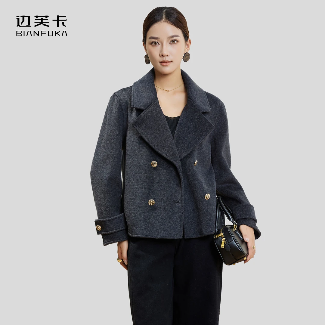 边芙卡新款双面呢手工外套大衣女韩版休闲潮流短款毛呢650166